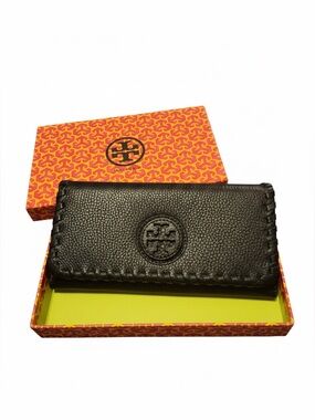 Tory Burch Black Marion Envelope Continental Pebbled Leather Wallet MINT NWT